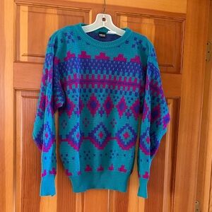 Vintage Head Teal Magenta and Purple Patterned Women’s Sweater